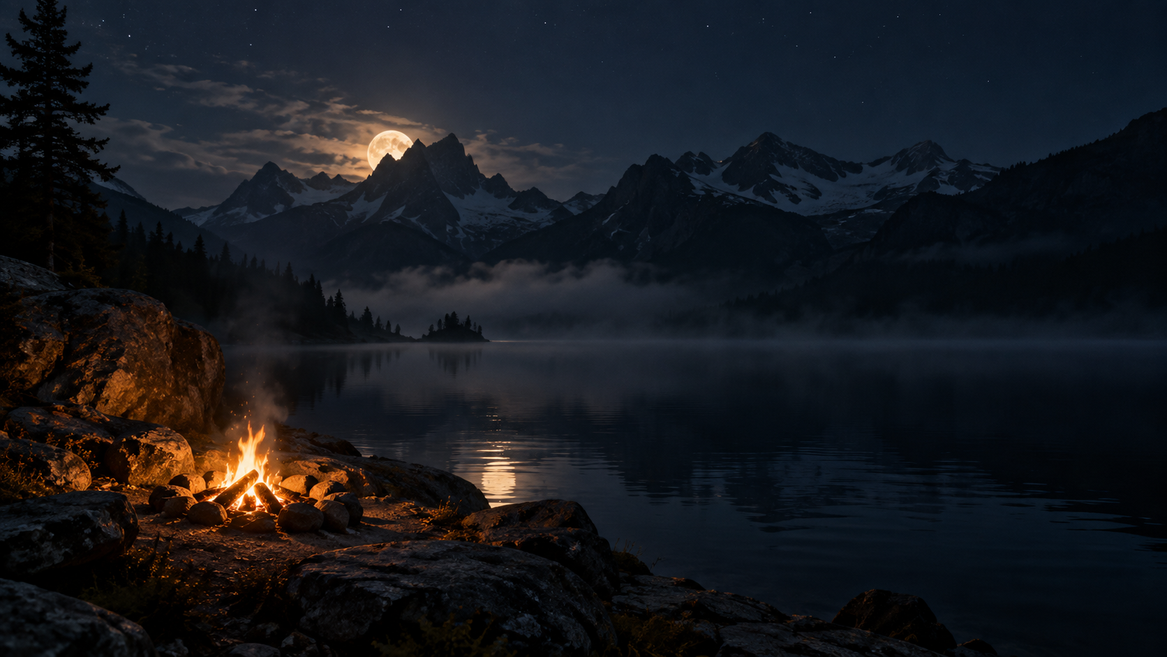 A small campfire beside a moonlit mountain lake.