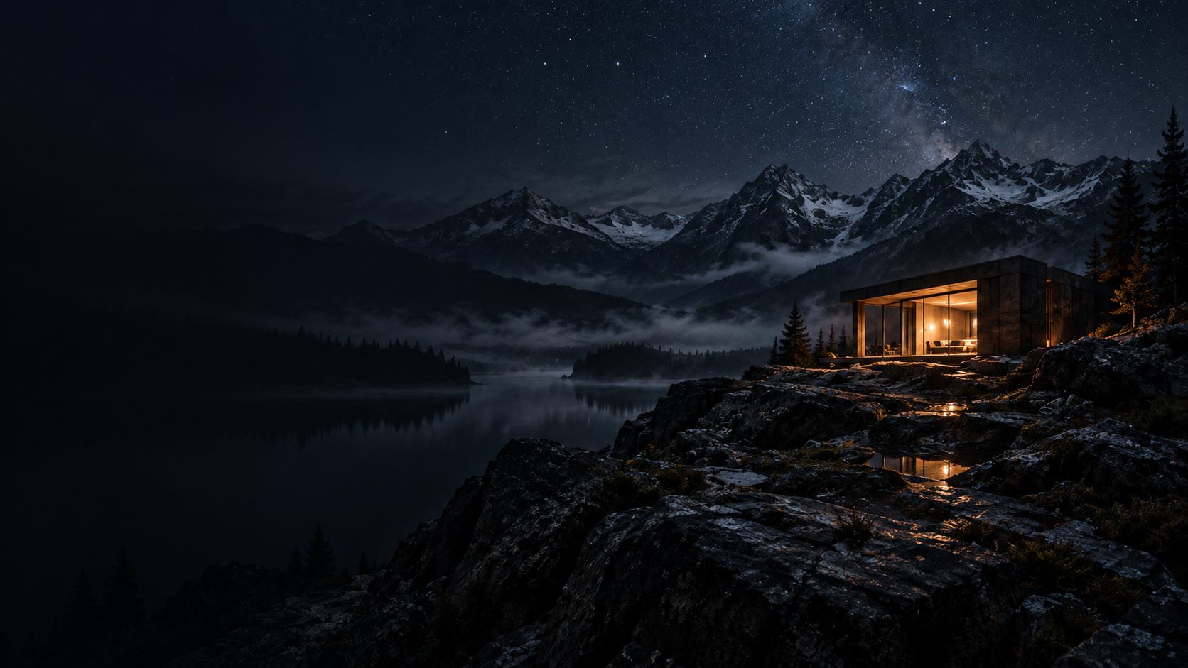 A moonlit mountain refuge with a warmly illuminated modern cabin.