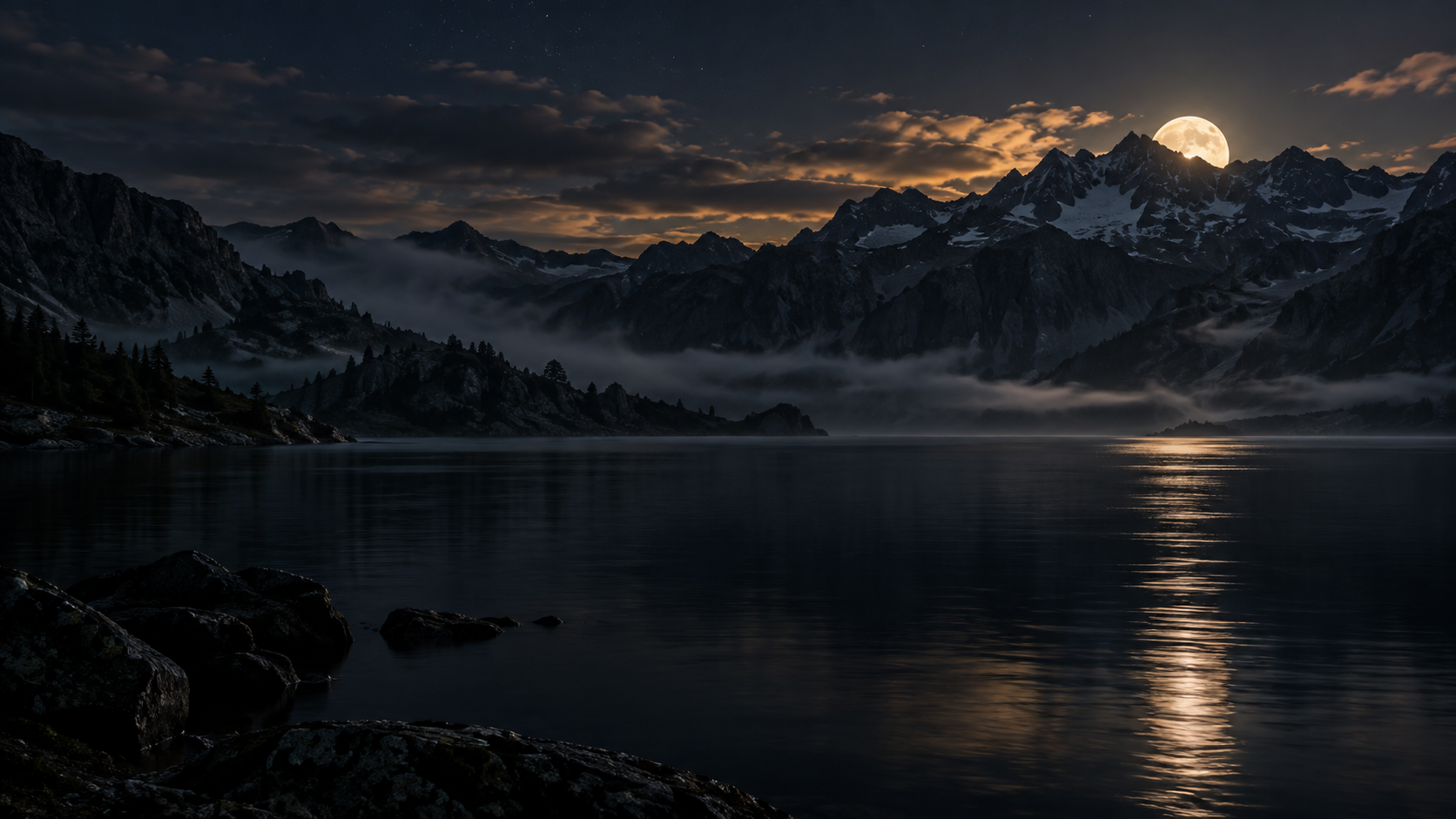 Moonrise over a dark mountain lake.