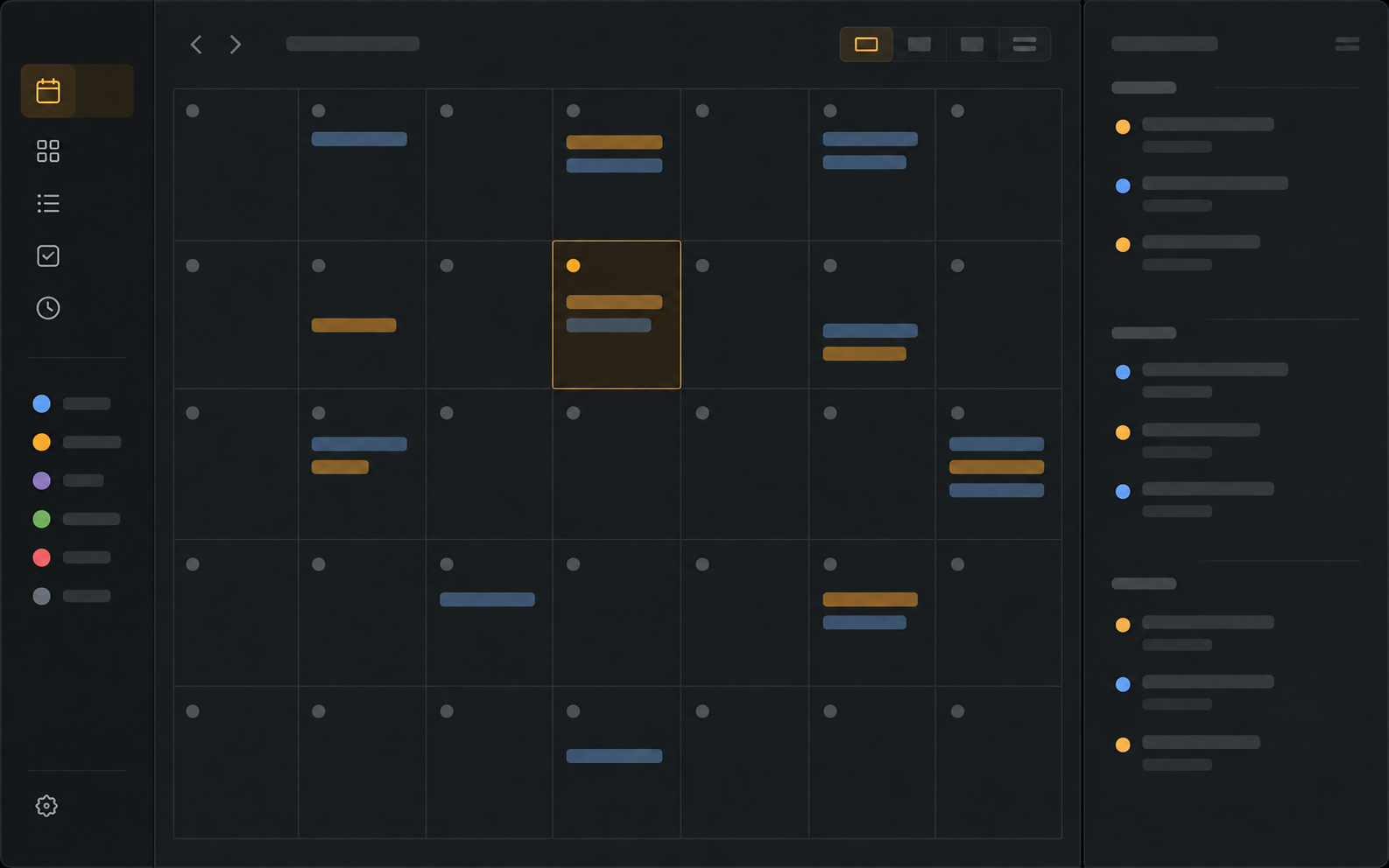 Illustrative concept of a dark calendar interface with a monthly grid and agenda column.